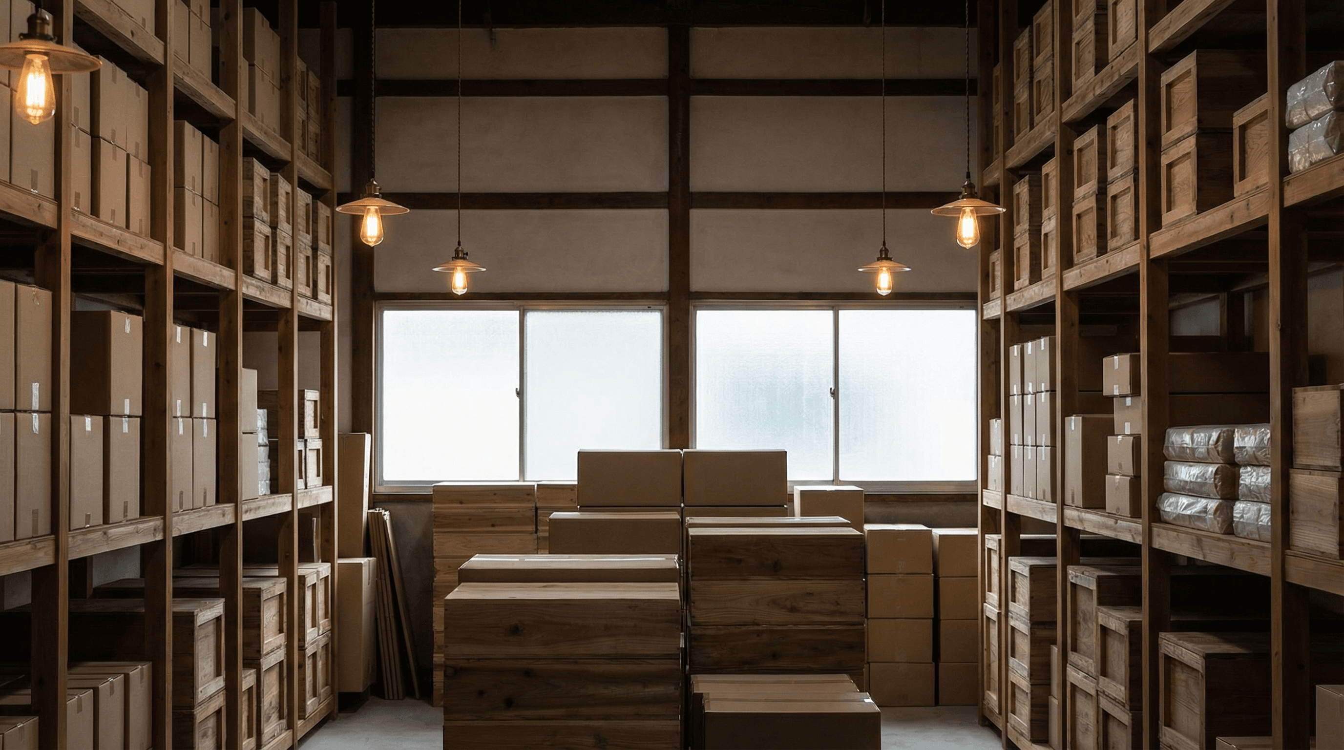 製品が出荷を待つ静かな倉庫の風景